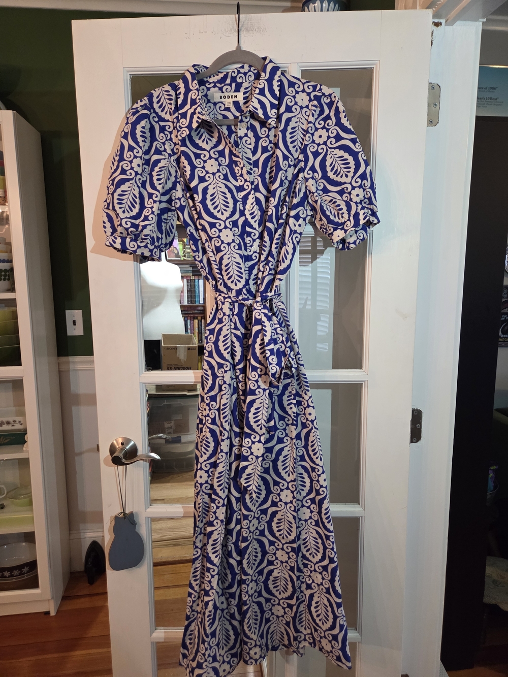 Boden Blue Printed Short-Sleeve Maxi Dress with Tie Waist - Size 14R - Picture 7 of 10